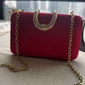 INC Elegant Red Evening Clutch with Gold Chain